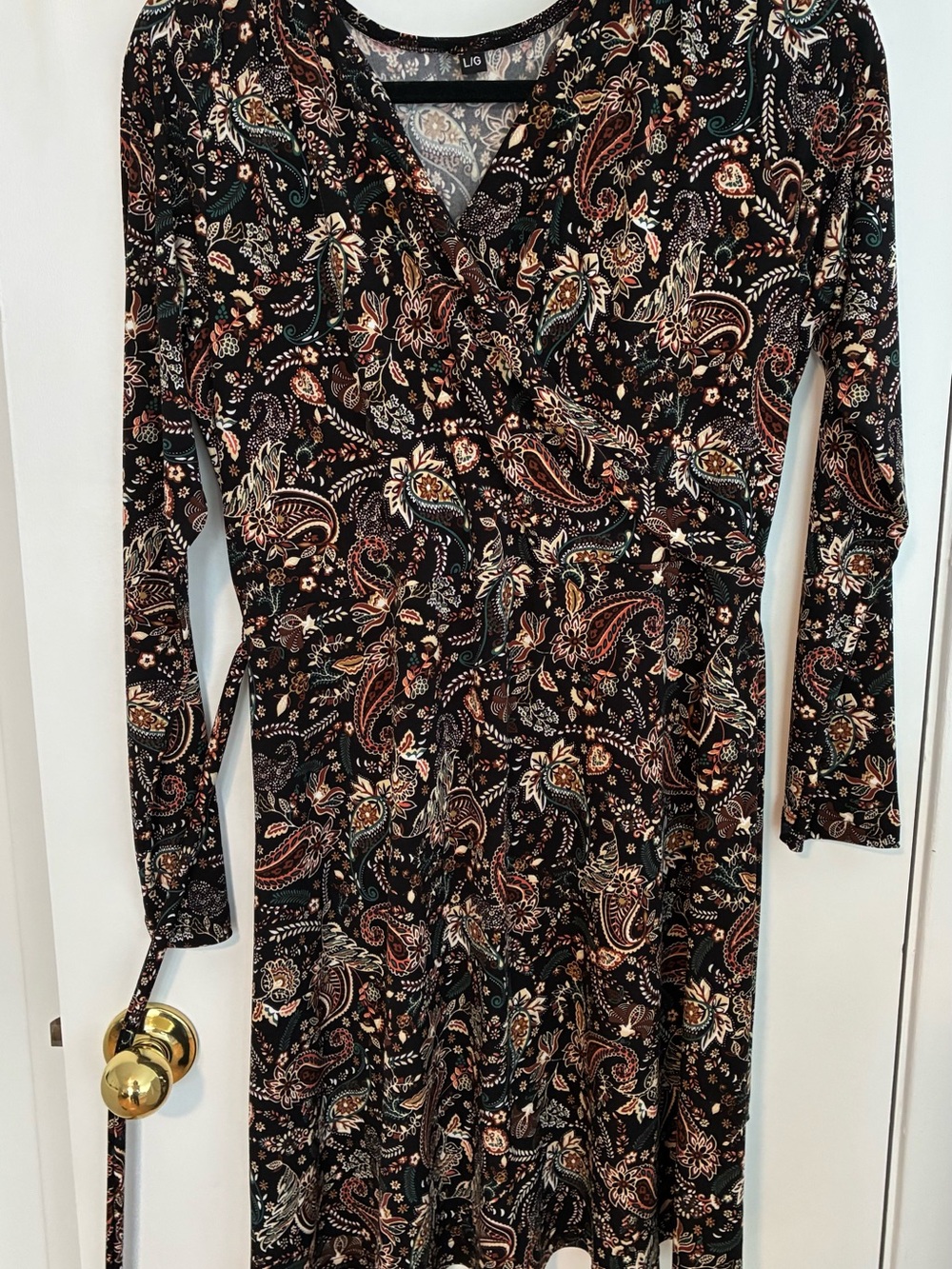 Long-Sleeve Paisley Wrap Dress in Black -